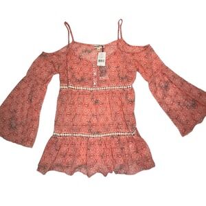 NWT SoRad Off Shoulder Boho Blouse Womens Large‎ Coral Floral Bell Sleeve Top